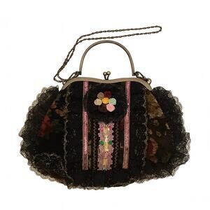 Unbranded Black Embroidered Lace Crossbody Bag W/metal Handles Strap Chain